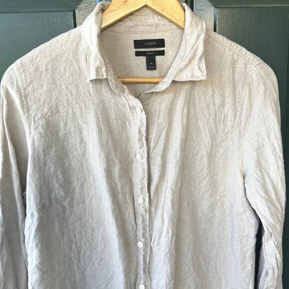 J. Crew Sz 12 100% Linen Perfect Shirt Natural Preppy Beachy Casual Classic - Picture 1 of 5